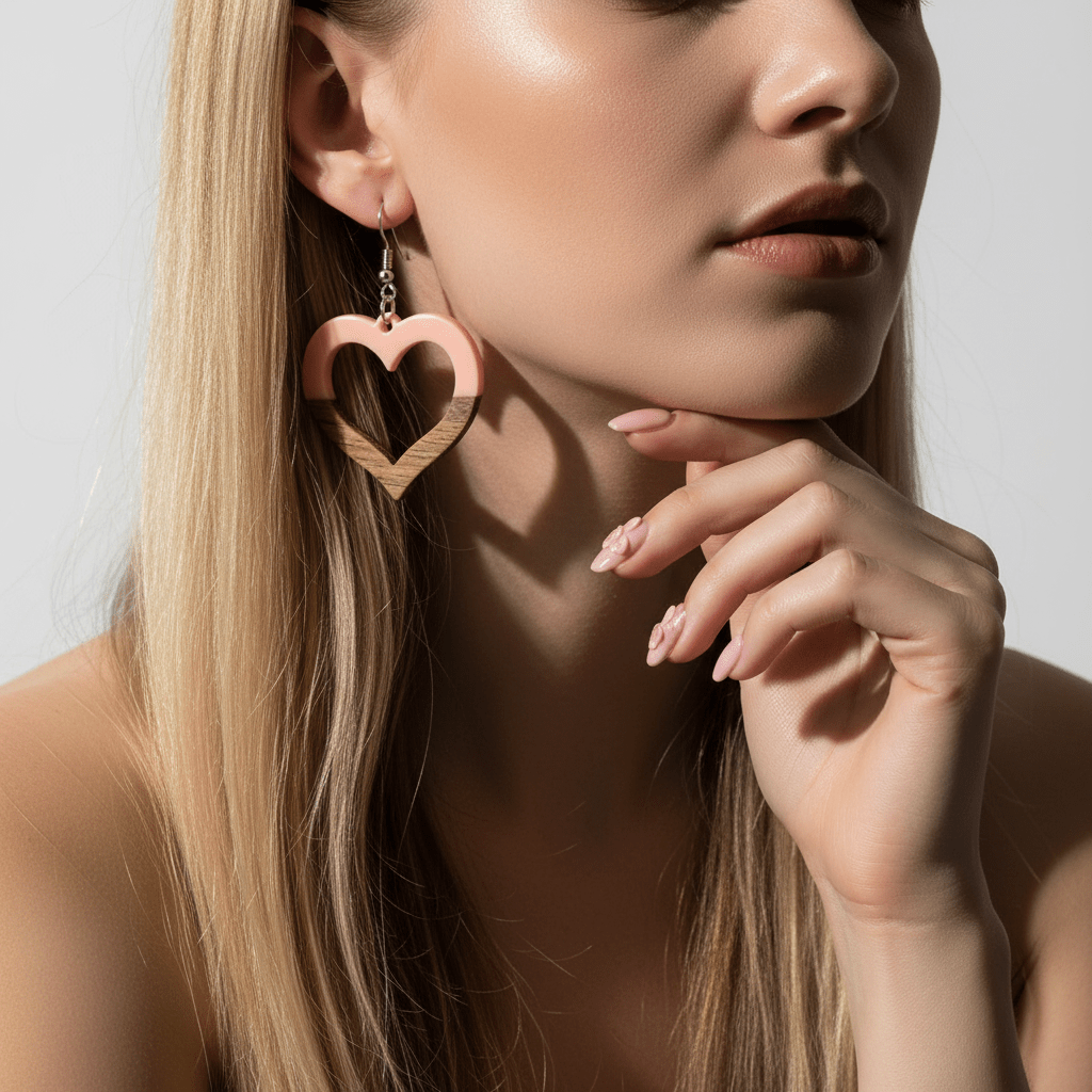 Pink Resin & Wood Silvertone Open Heart Hook Earrings