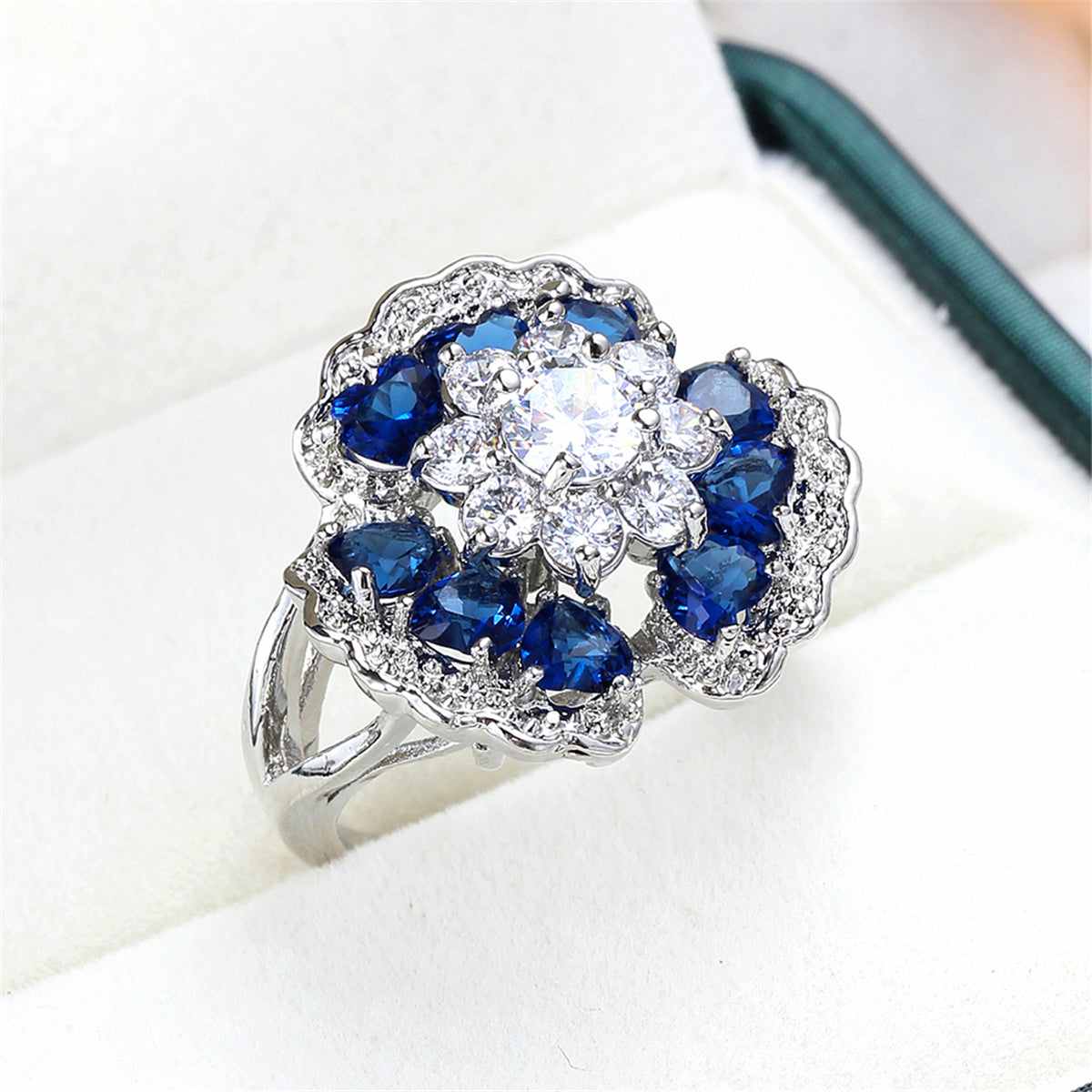 Navy Crystal & Cubic Zirconia Flower Petal Ring