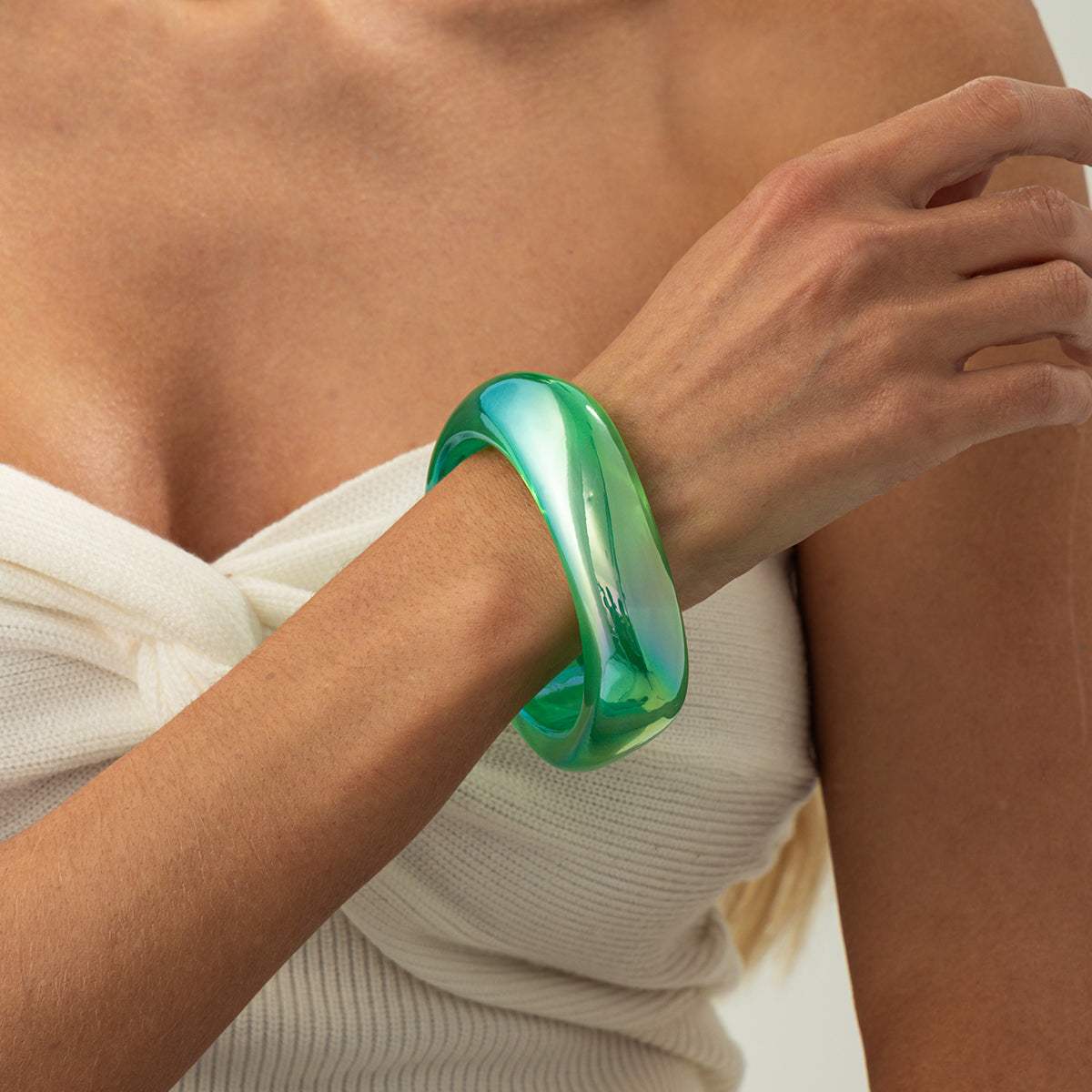 Iridescent & Green Resin Uneven Bangle