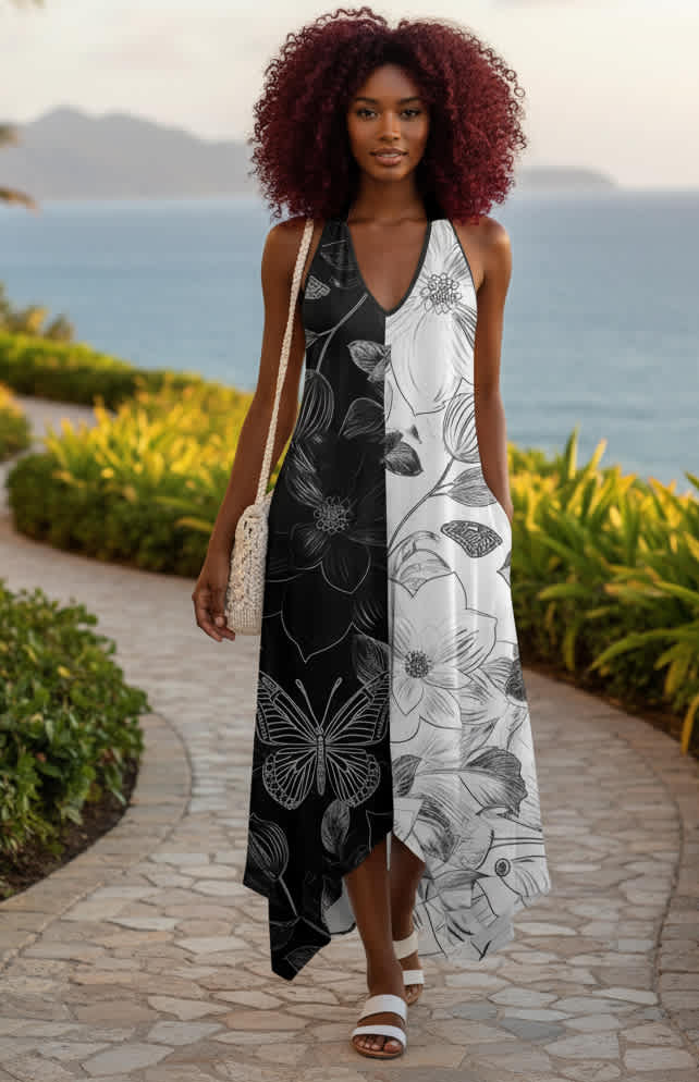 Lily by Firmiana Women’s Sleeveless V-Neck Handkerchief Hem Maxi Dress Women’s Apparel Black White Leaf Print Black White / S
