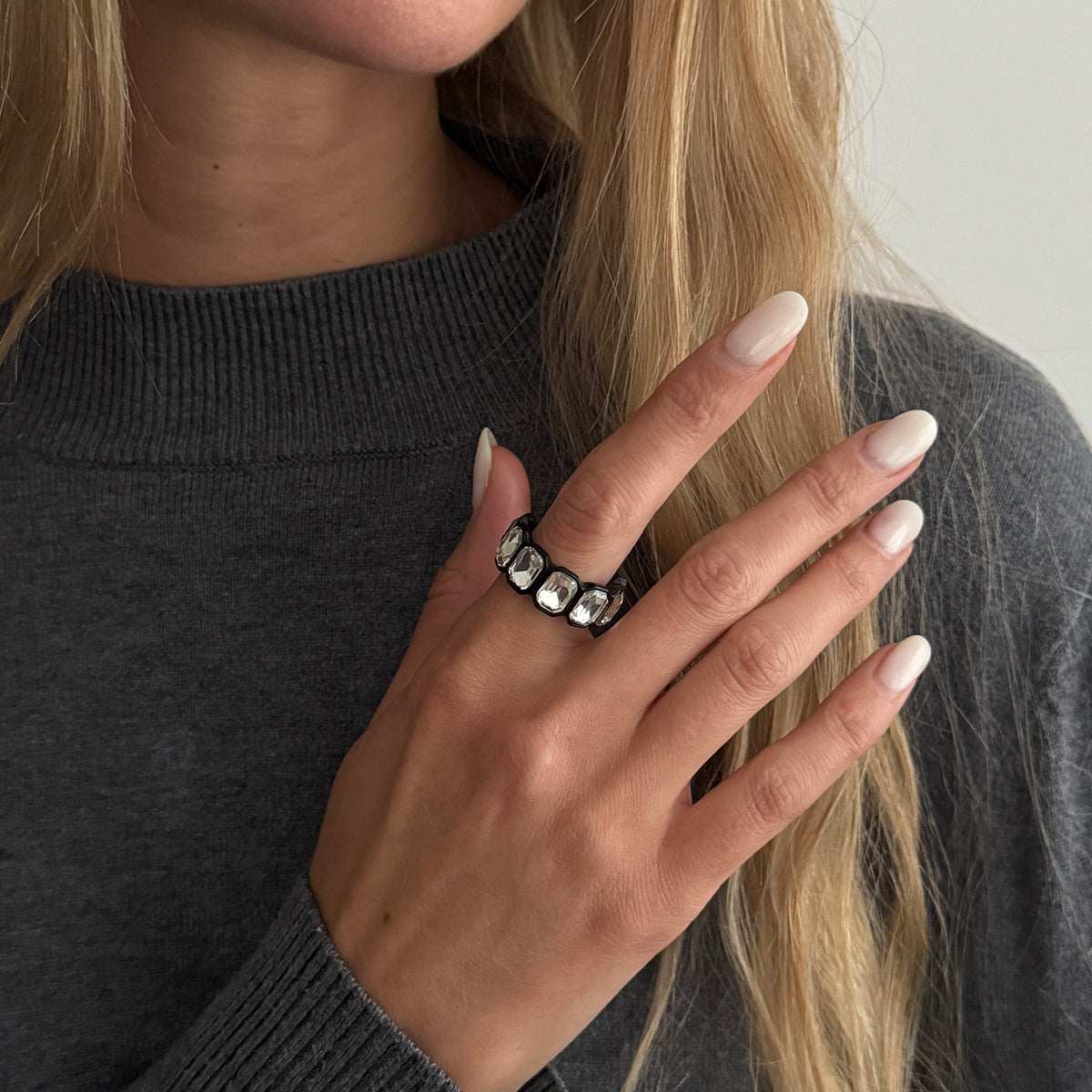 Crystal & Blacktone Rectangle Open Band Ring