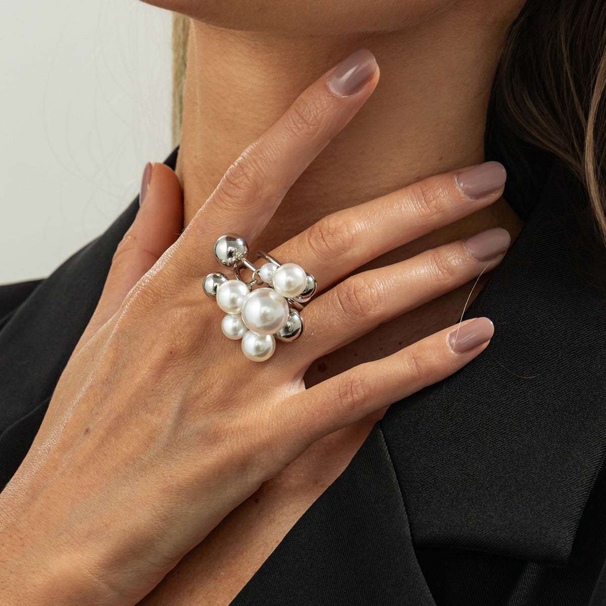 Pearl & Silvertone Ball Cluster Bypass Ring