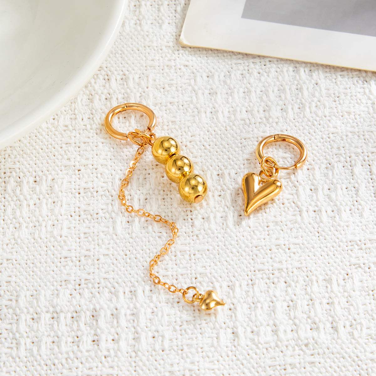 Goldtone Mismatching Beaded Tassel Heart Dangle Earrings