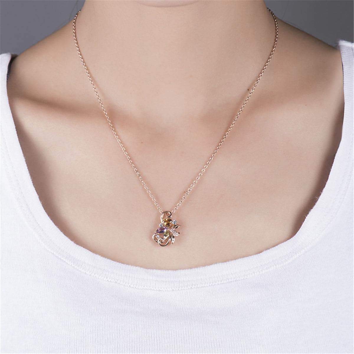 Purple & Orange Crystal Cubic Zirconia Floral Pendant Necklace