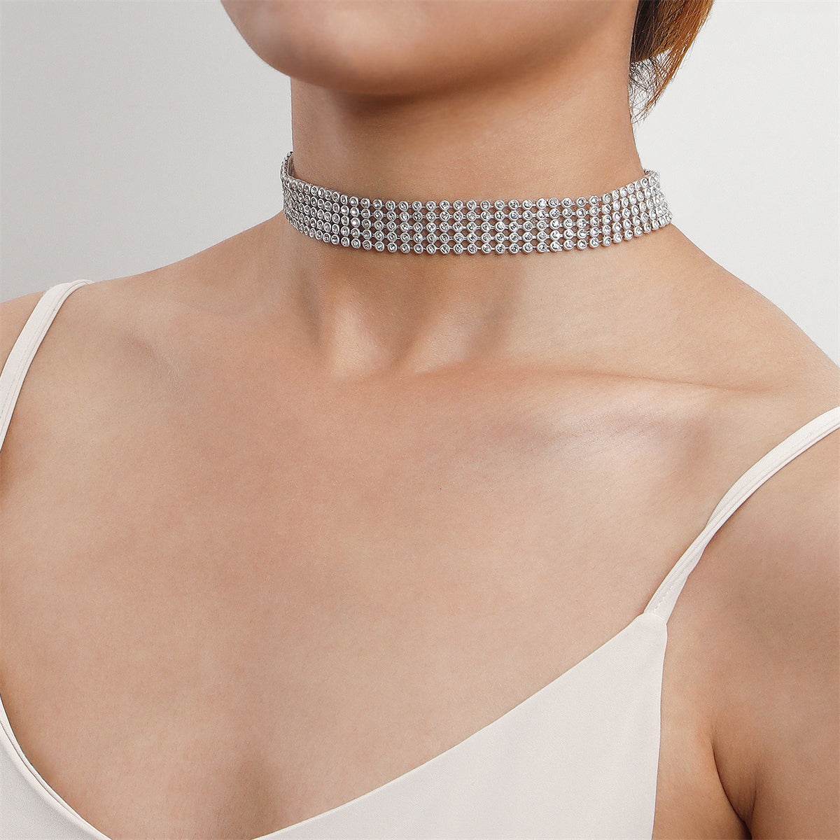 Cubic Zirconia & Silvertone Strand Choker Necklace