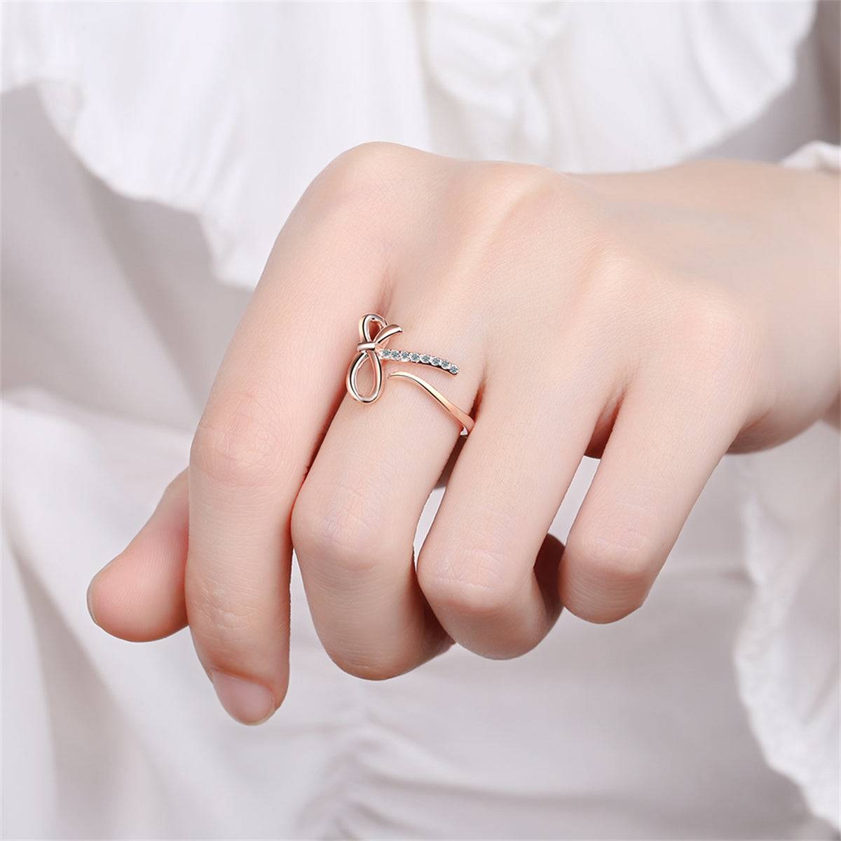 Cubic Zirconia & Rose Goldtone Pavé Openwork Bow Bypass Ring