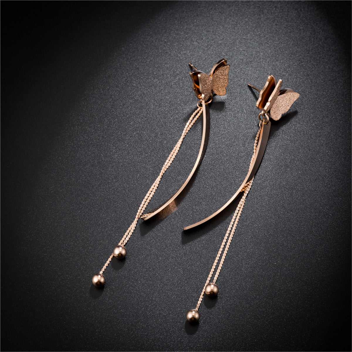 Rose Goldtone Butterfly Tassel Drop Earrings