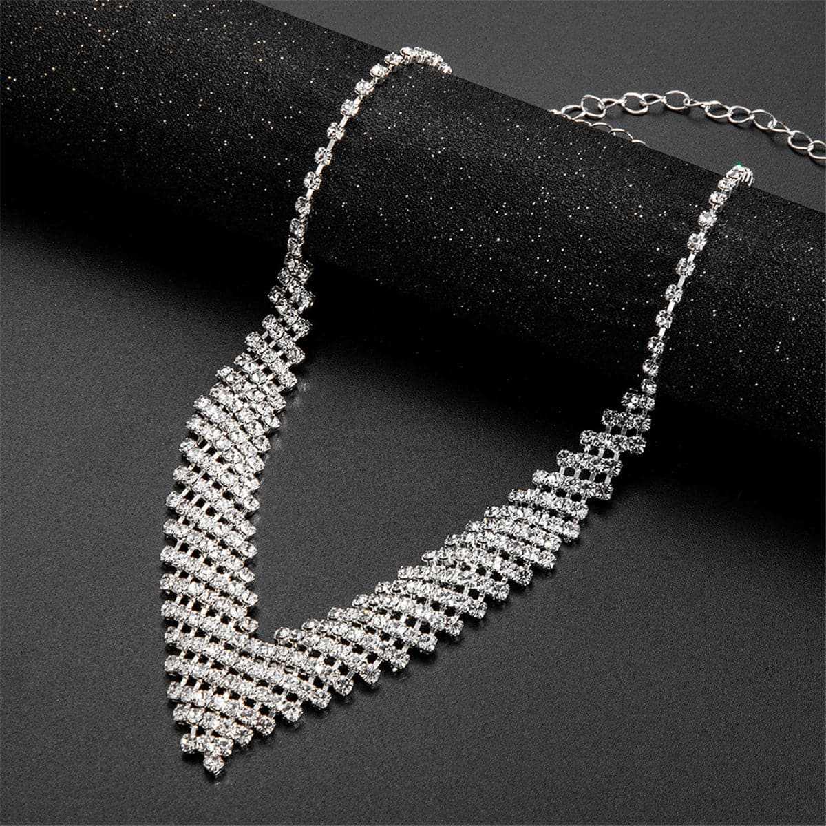 Cubic Zirconia & Silvertone Rhombus Drop Earrings & Necklace