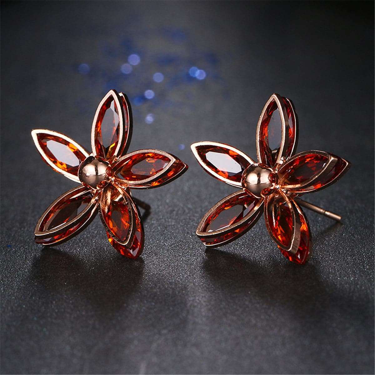 Red Crystal & Rose Goldtone Floral Stud Earrings
