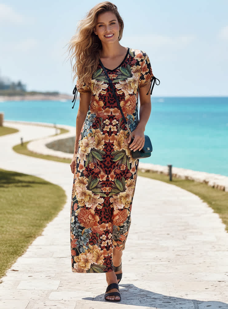 Lily by Firmiana Women’s Short Sleeve Maxi Dress Women’s Apparel Rust Brown Botanical Floral Rust Brown / 4XL