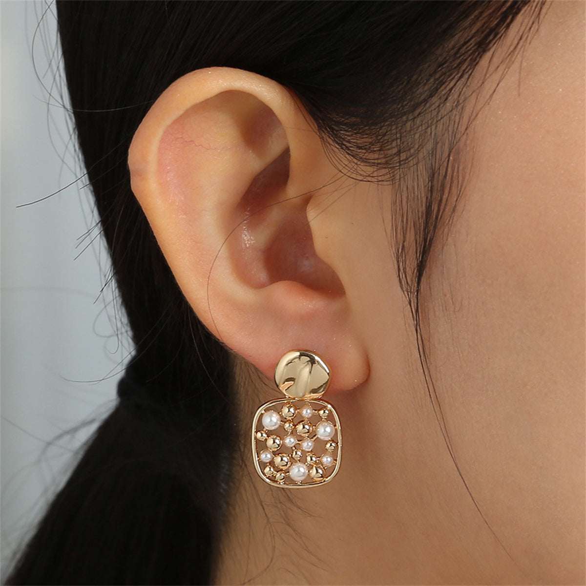 Pearl & Goldtone Square Bezel-Set Drop Earrings