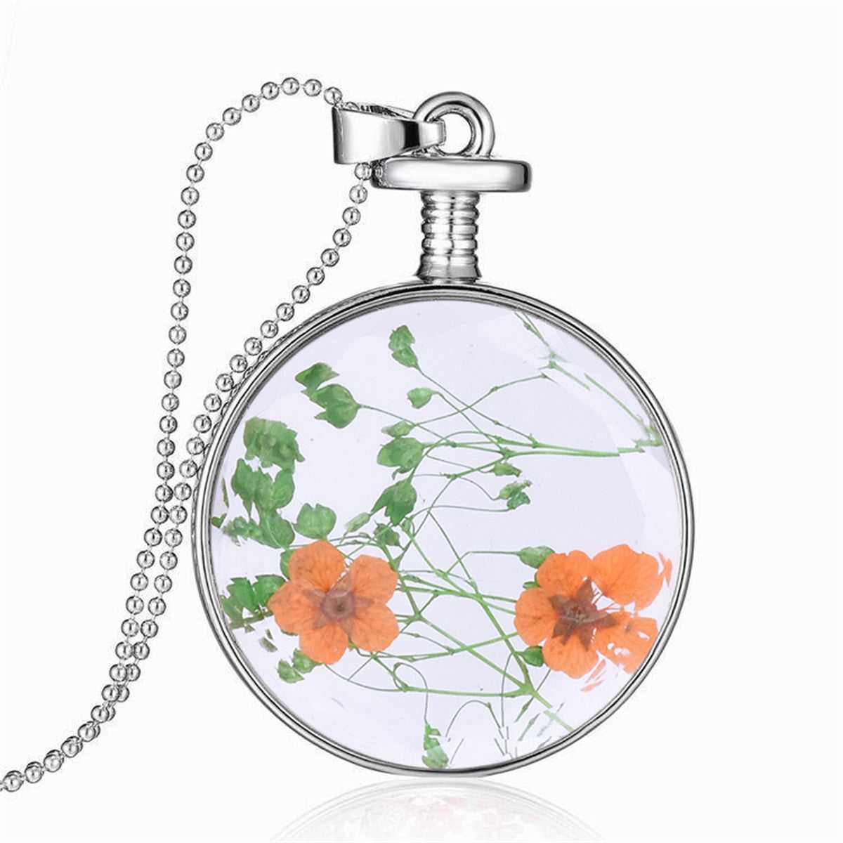 Peach Pressed Flower & Silvertone Round Pendant Necklace