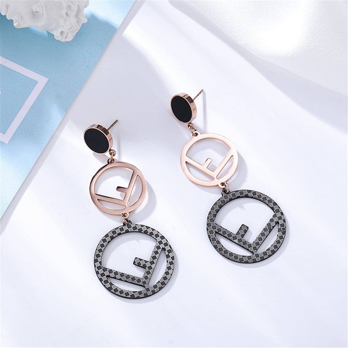 Black & Rose Goldtone 'F' Openwork Drop Earrings
