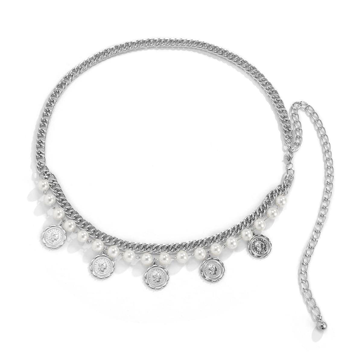Pearl & Silvertone Coin Charm Layered Chain Waist Belt