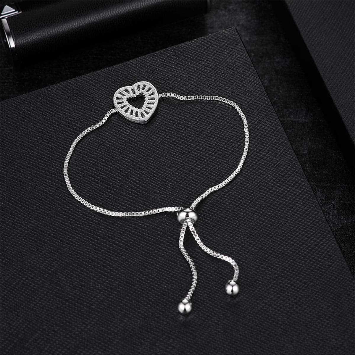 Crystal & Silvertone Hollow Heart Adjustable Charm Bracelet