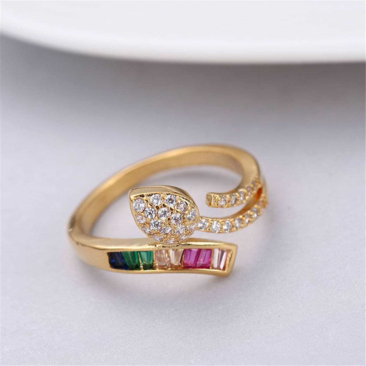 Rainbow Crystal & Cubic Zirconia Leaf Band Ring