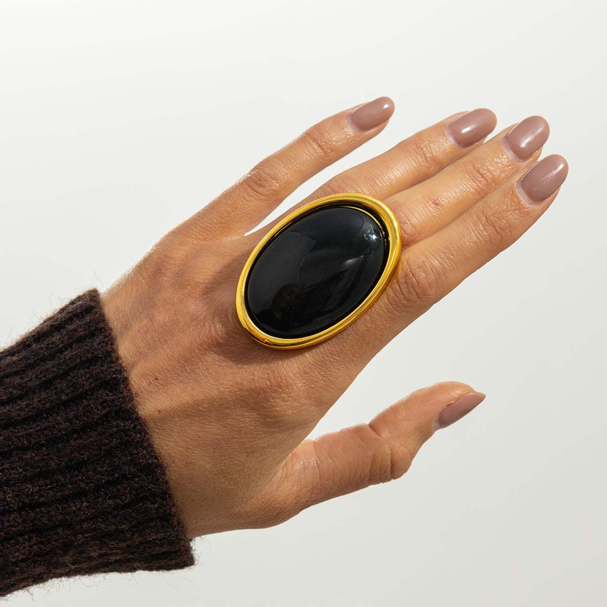 Black Resin & Goldtone Oval Statement Open Ring