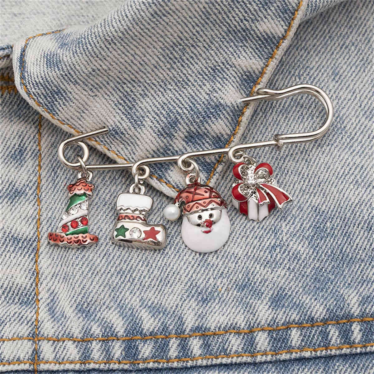 Cubic Zirconia & Silvertone Santa Charm Pin Brooch