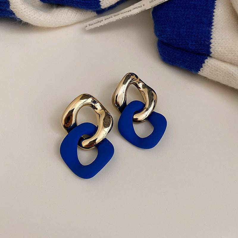 Blue Enamel & Goldtone Interlocked Rhombus Drop Earrings