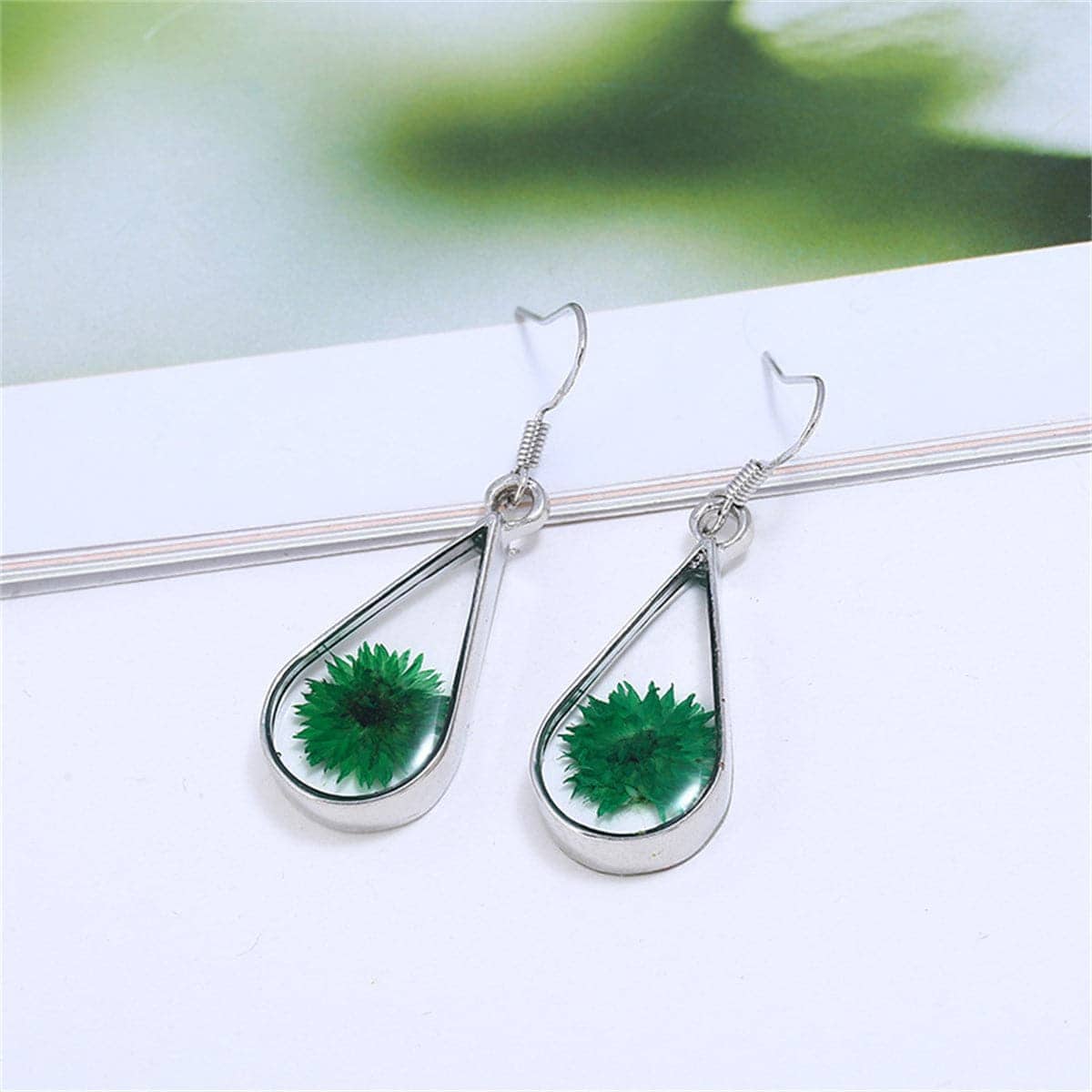 Green Peony & Silvertone Drop Earring