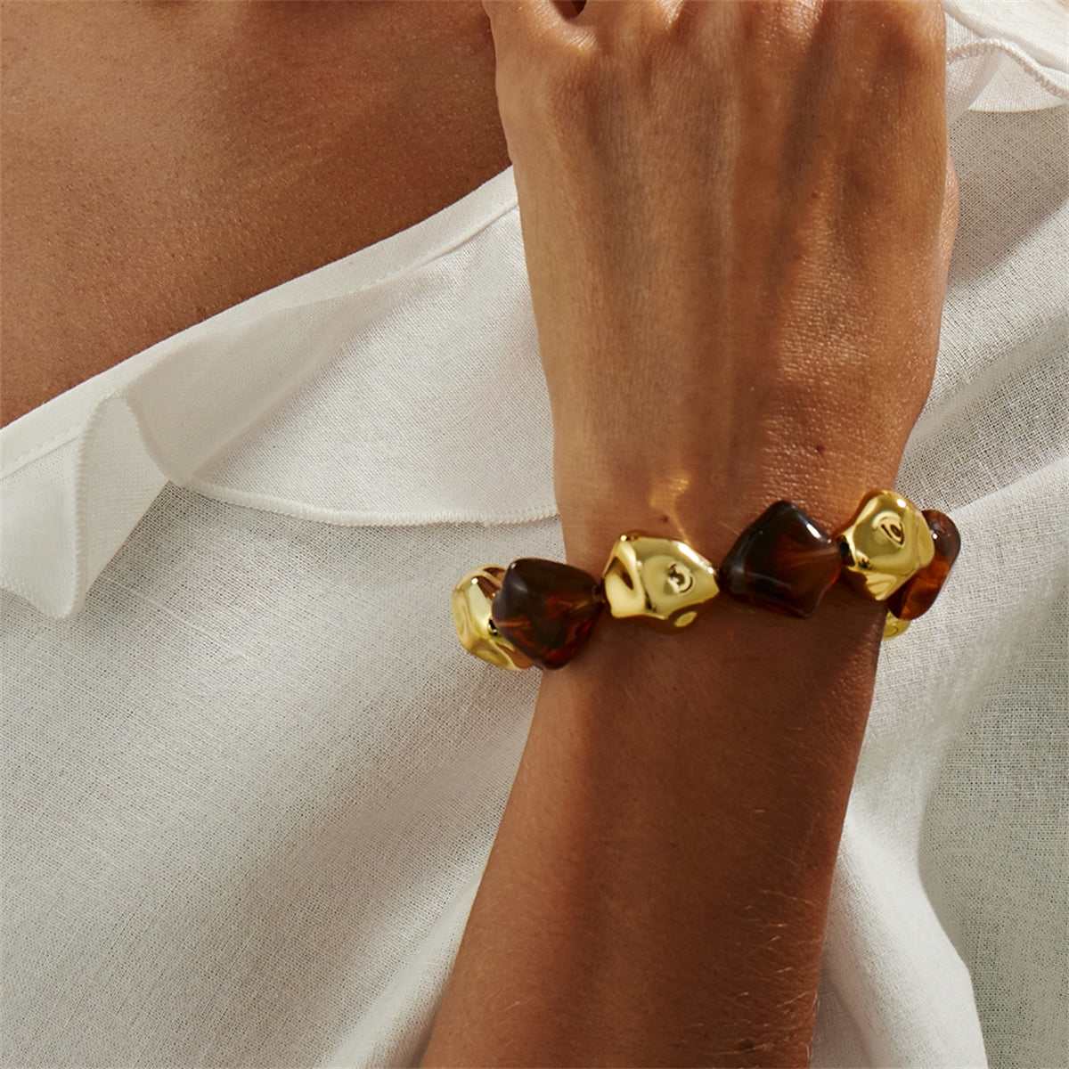 Coffee Resin & Goldtone Irregular Beads Station Stretch Bracelet