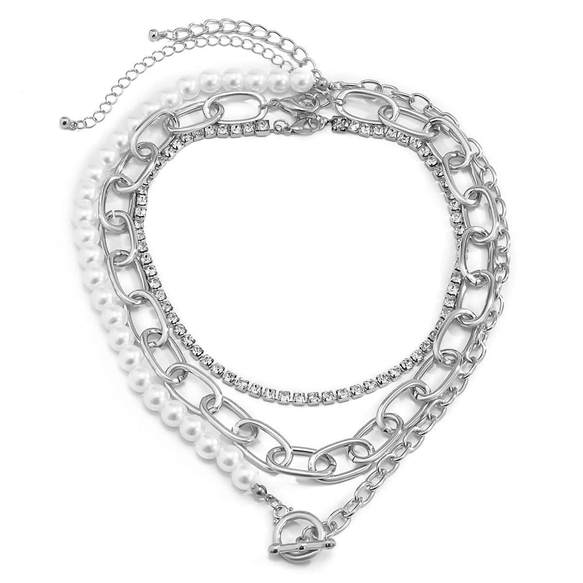 Pearl & Cubic Zirconia Silvertone Toggle Choker Necklace Set
