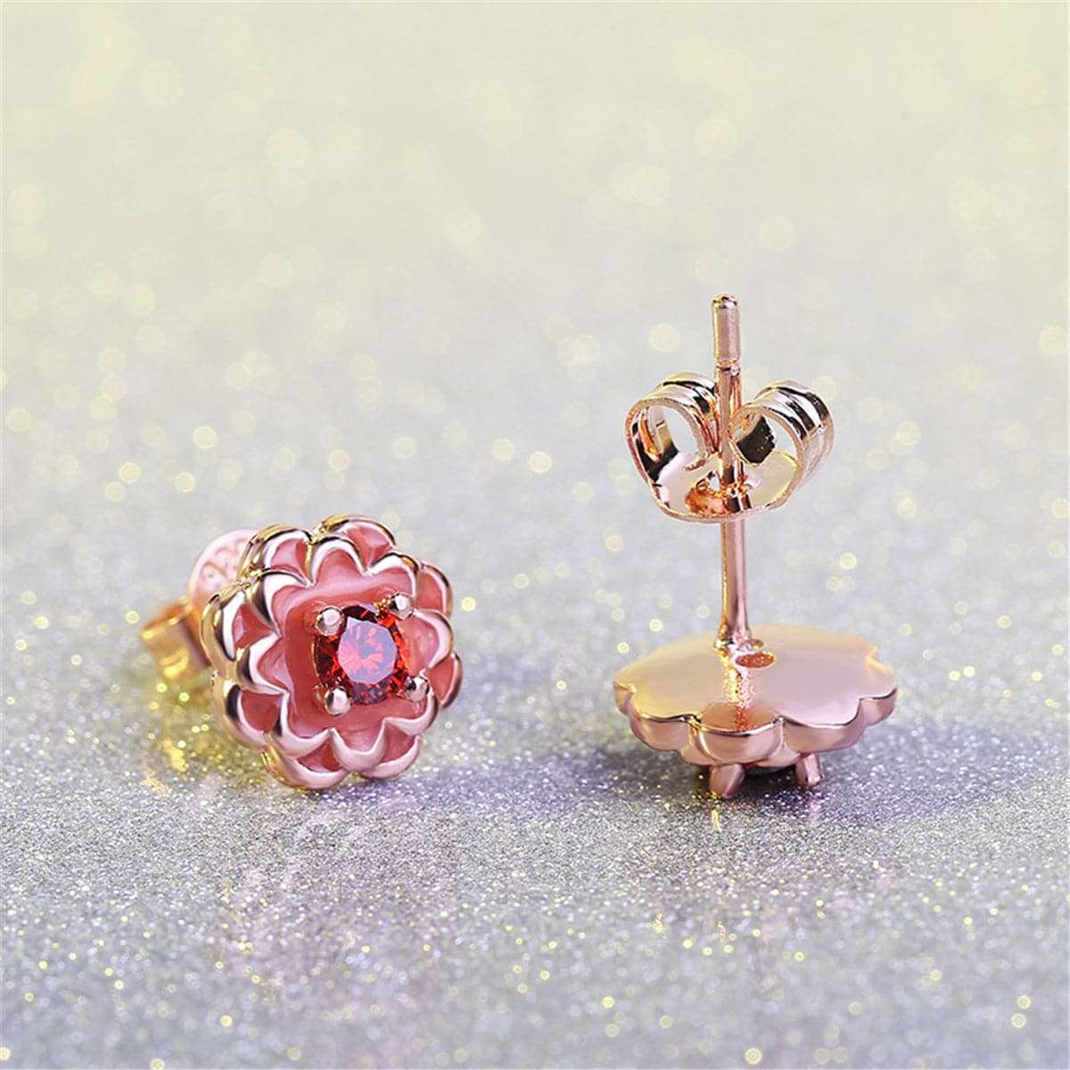 Red Crystal & Rose Goldtone Peony Stud Earrings