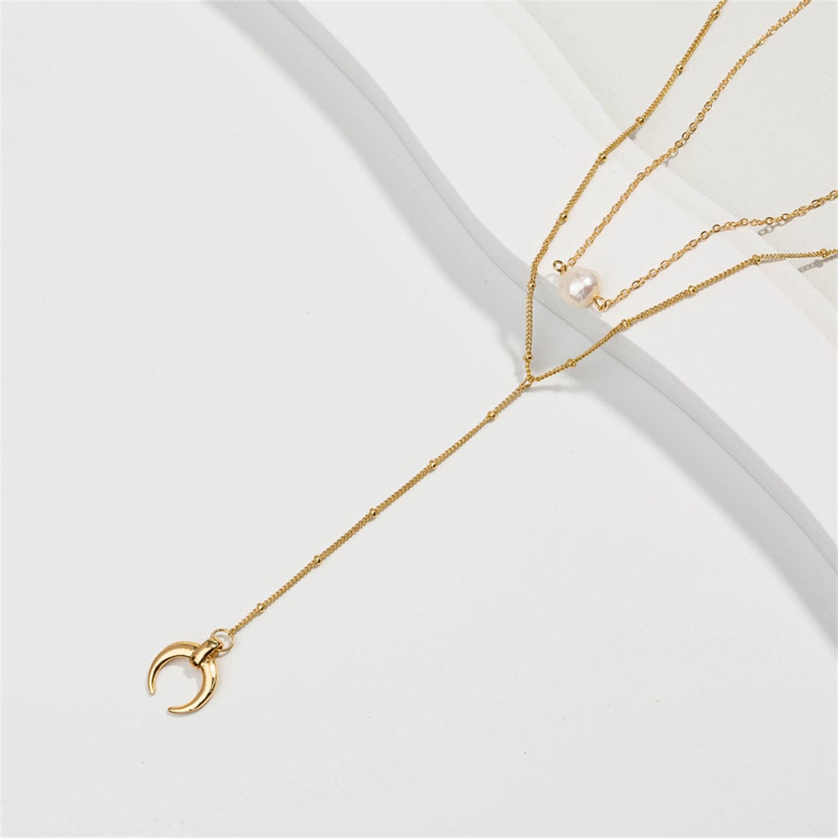 Pearl & Goldtone Moon Drop Layered Necklace