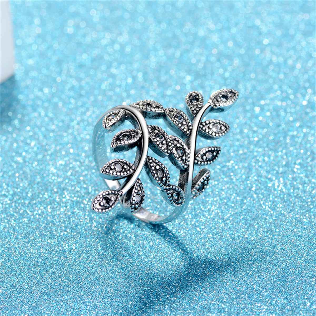 Cubic Zirconia & Silvertone Leaves Bypass Ring-2