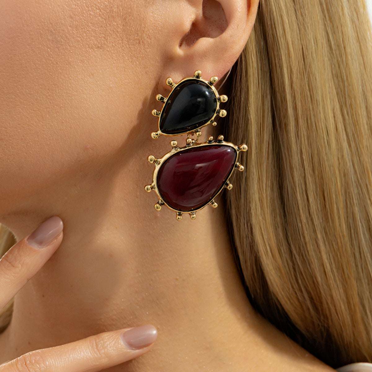 Black Resin & Goldtone Dual Drop Earrings