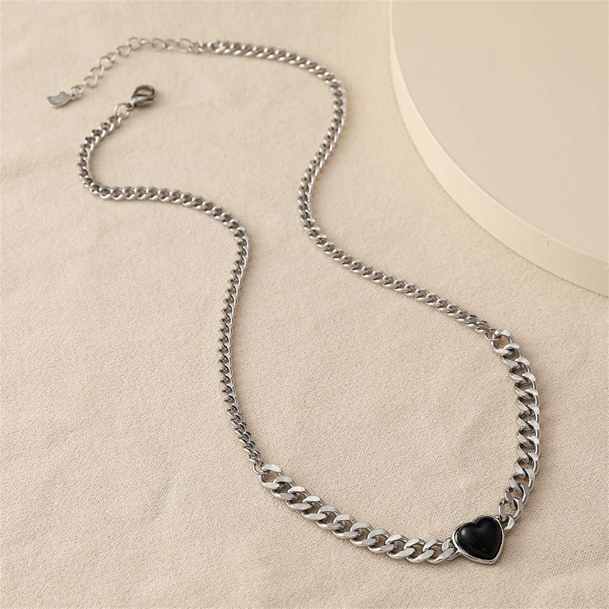 Black Resin & Silvertone Heart Pendant Necklace