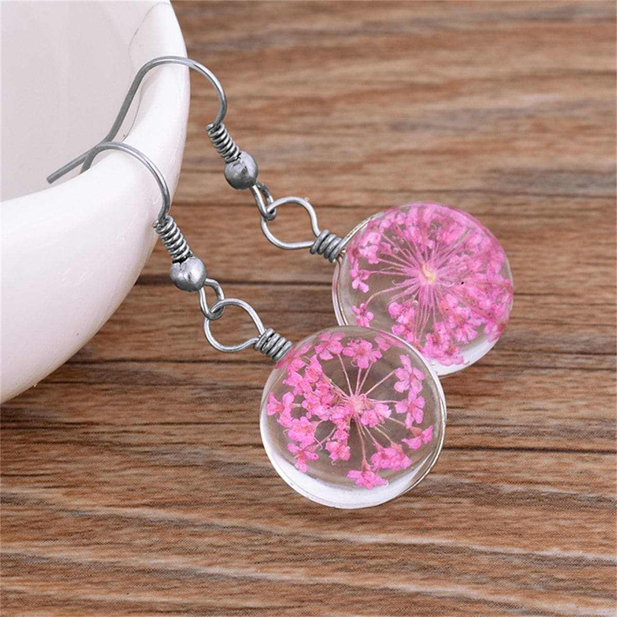 Rose Gypsophila & Silvertone Drop Earrings