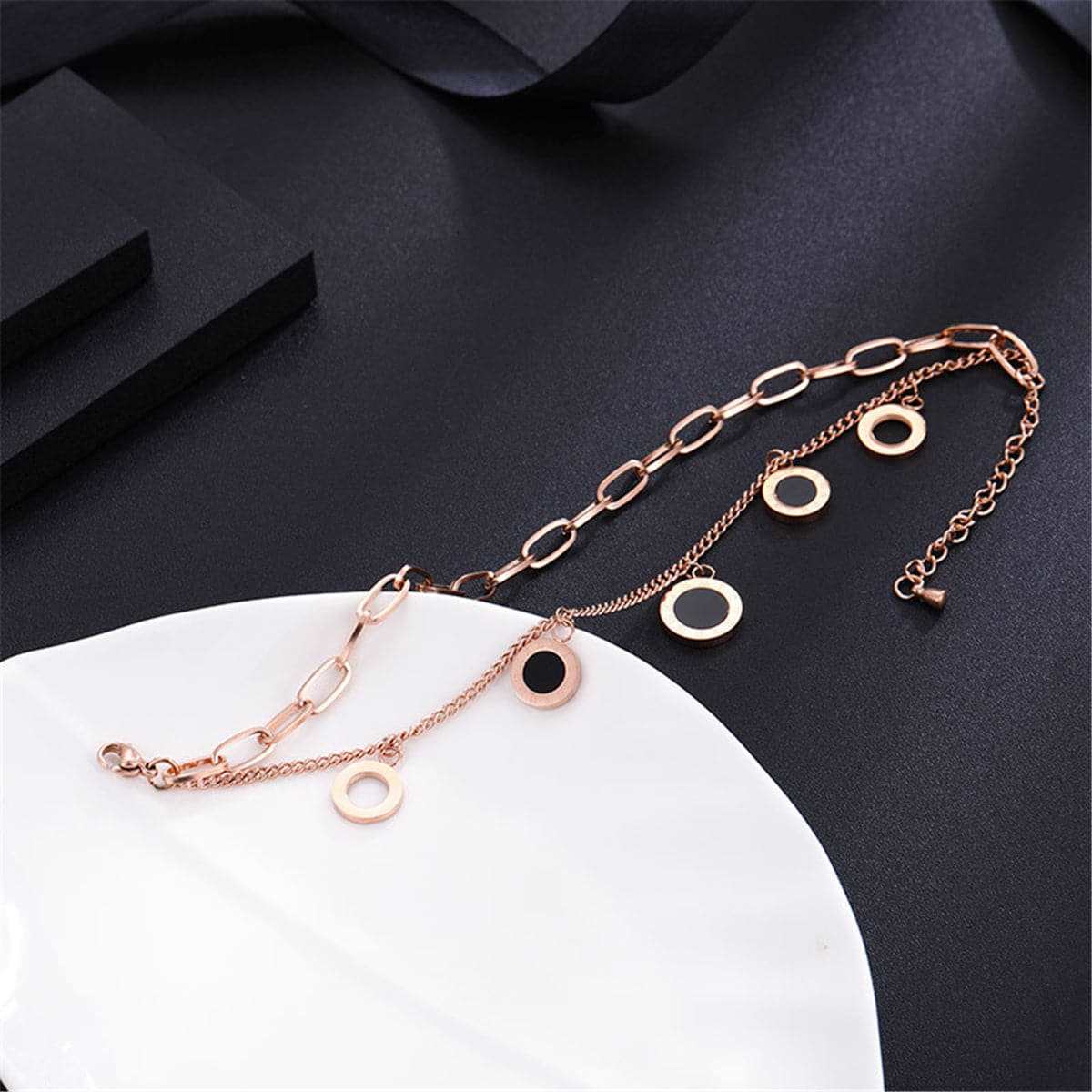 Black & Rose Goldtone Roman Numeral Station Bracelet