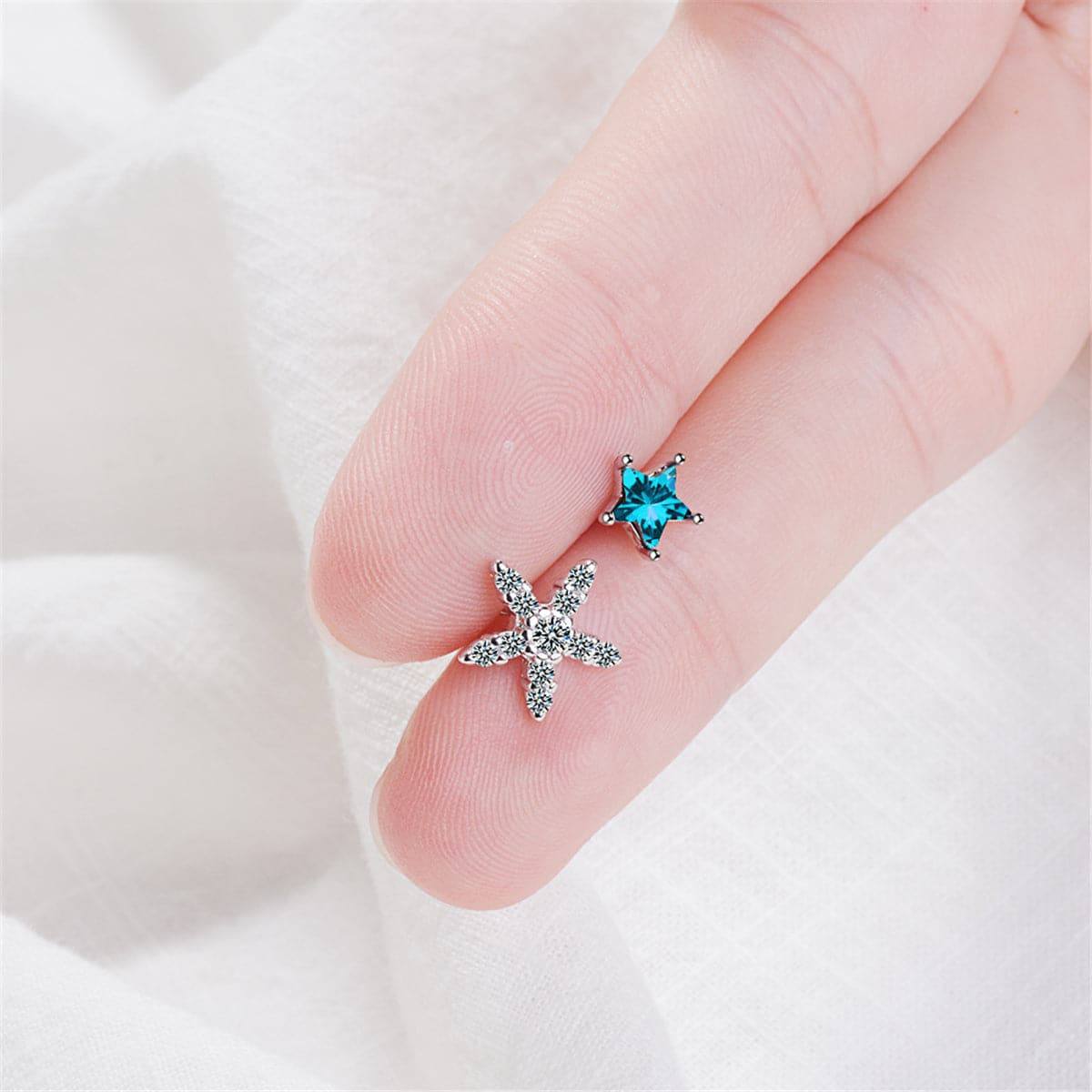 Cubic Zirconia & Blue Crystal Silvertone Asymmetrical Star Stud Earrings