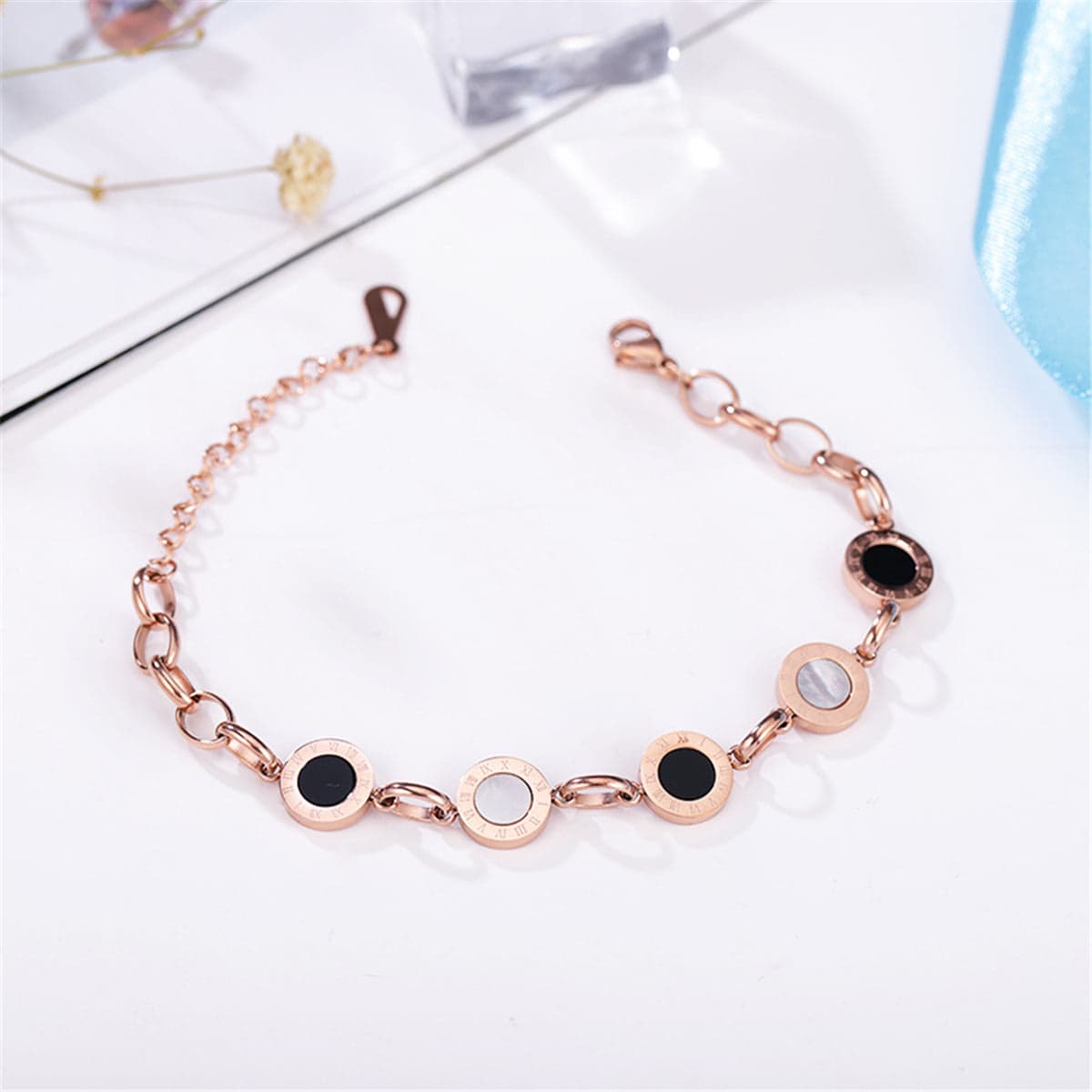 Black & Rose Goldtone Roman Numeral Plate Station Bracelet