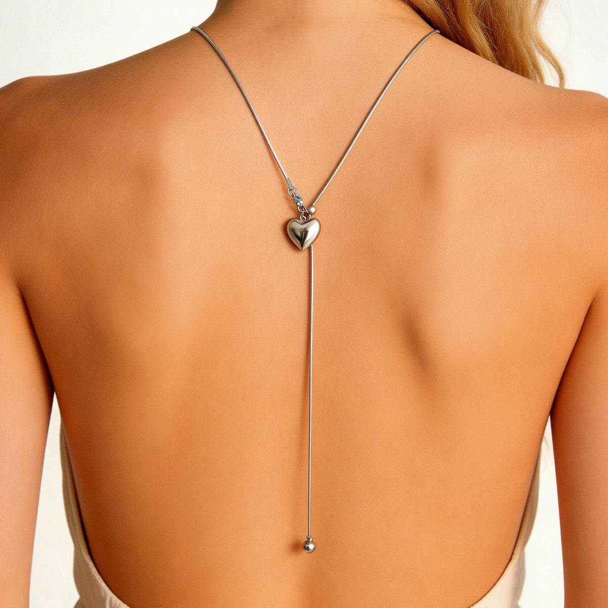 Silvertone Heart Pendant Lariat Necklace