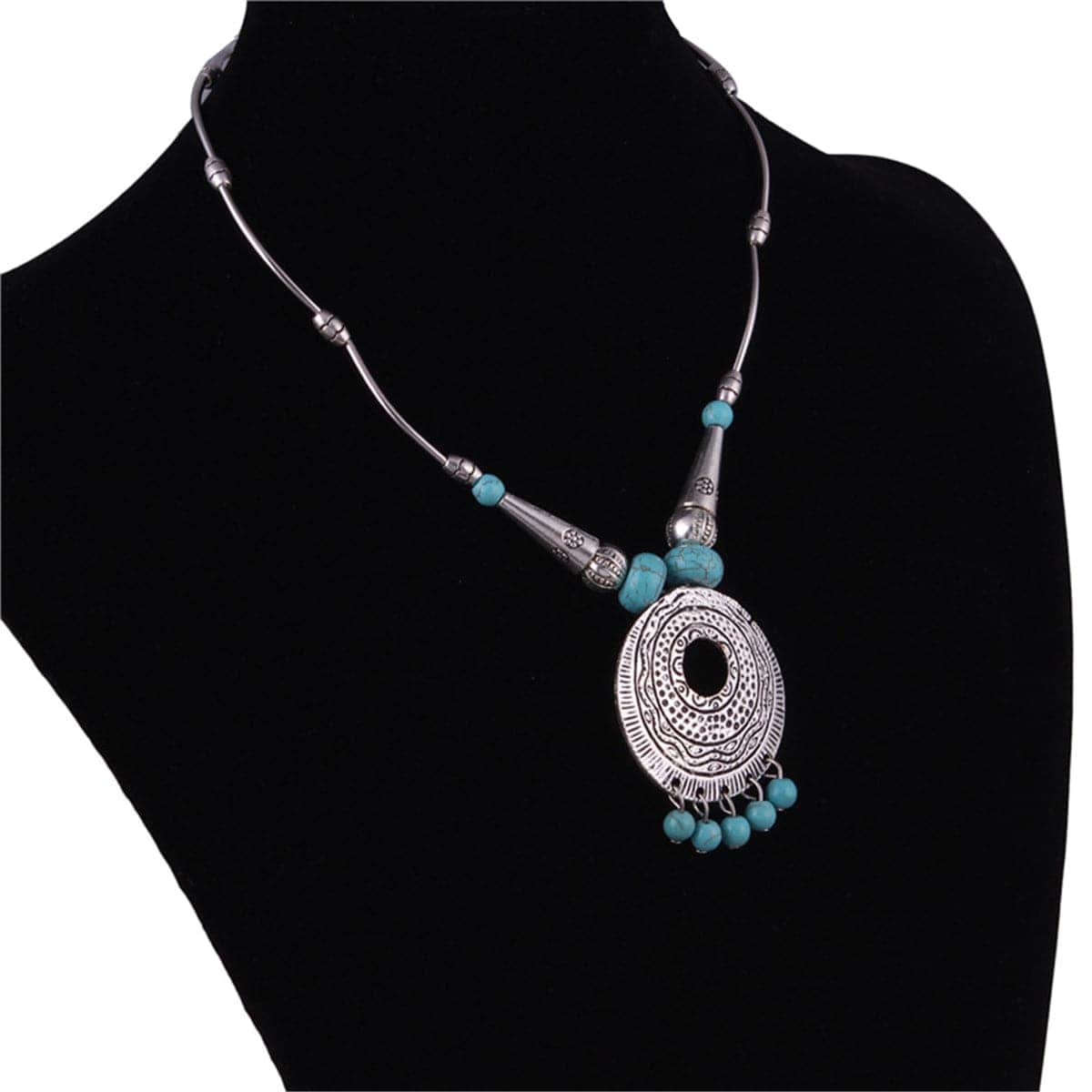 Turquoise & Silvertone Round Pendant Necklace