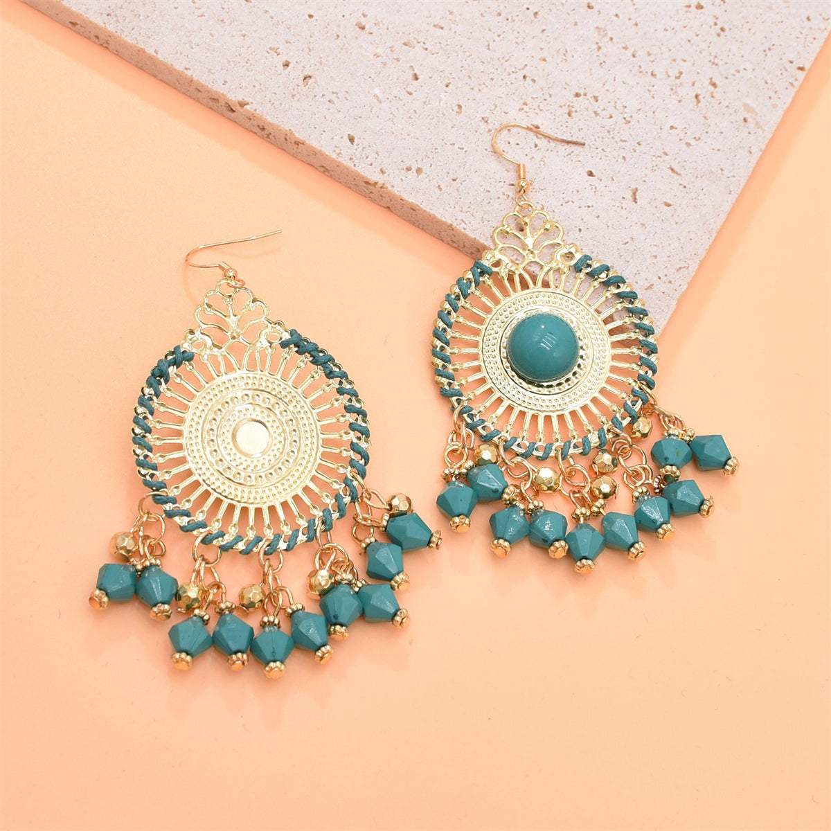 Green Acrylic & Enamel Goldtone Openwork Round Drop Earrings