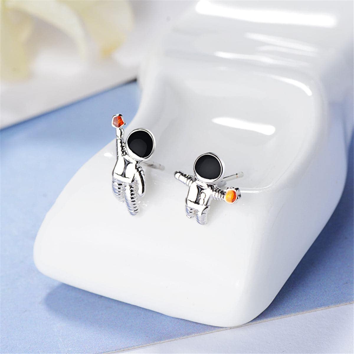 Cubic Zirconia & Silvertone Astronaut Stud Earrings