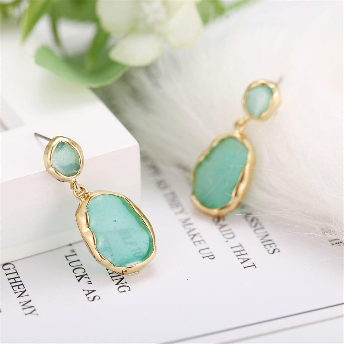 Goldtone & Green Oil Drip Drop Earring