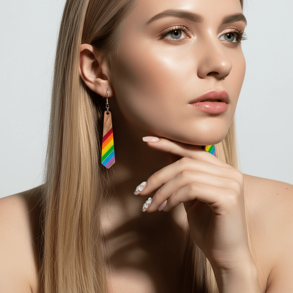 Multi-Colored Resin & Wood Silvertone Stripped Rhombus Hook Earrings