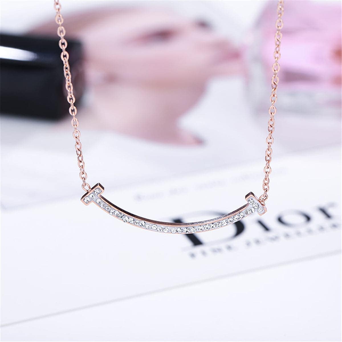Cubic Zirconia & Rose Goldtone Bar Necklace
