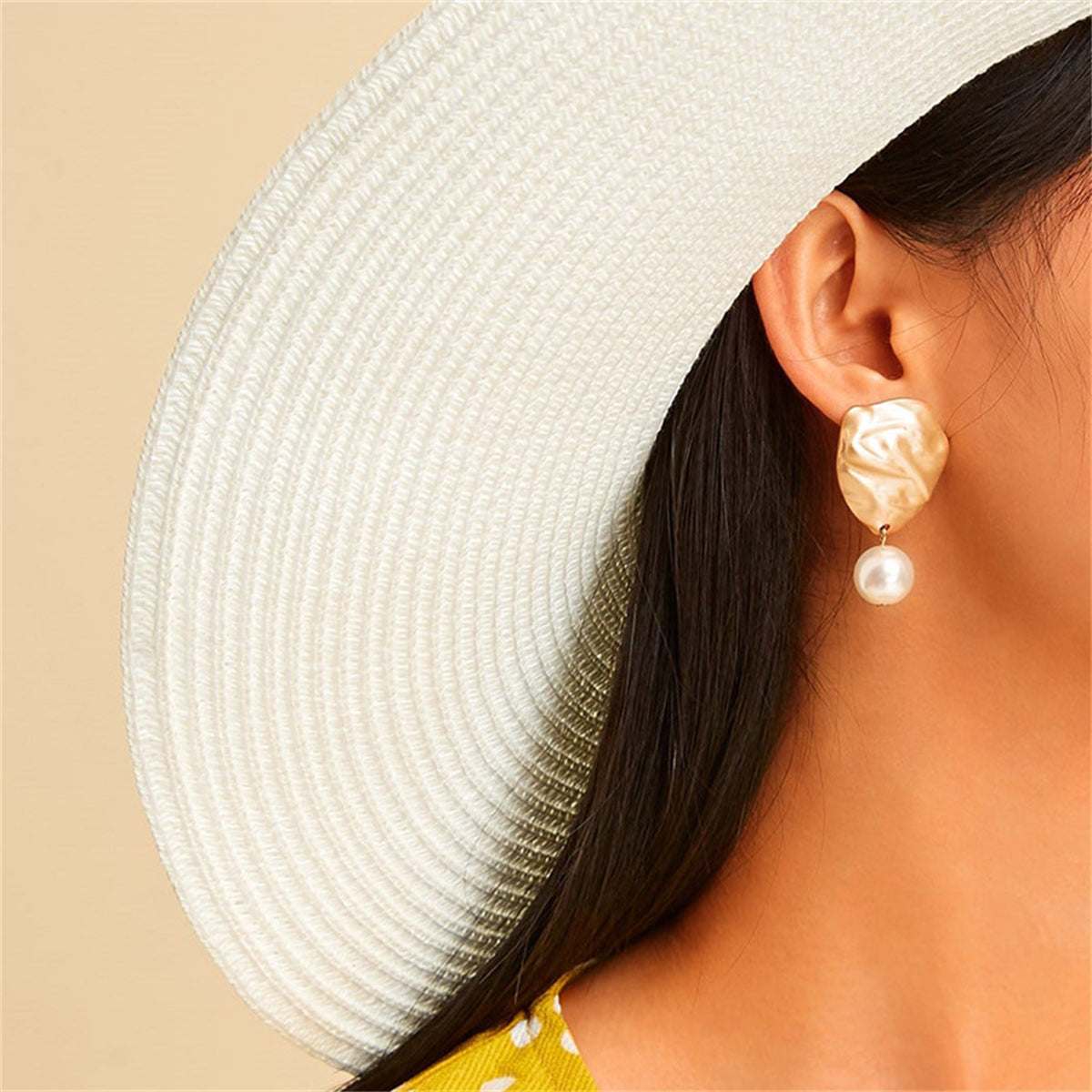 Pearl & Goldtone Wrinkle Drop Earrings