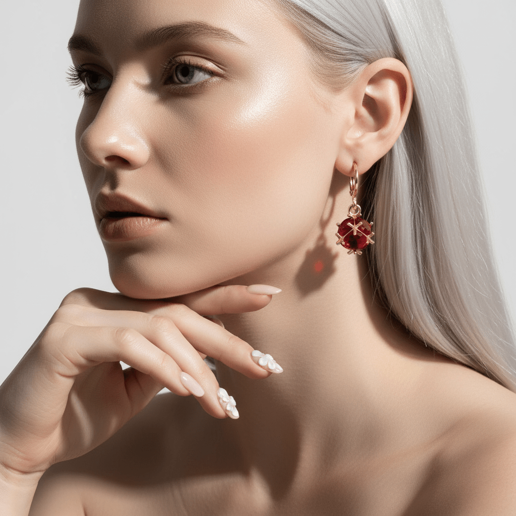 Red Crystal & Goldtone Ball Huggie Earrings