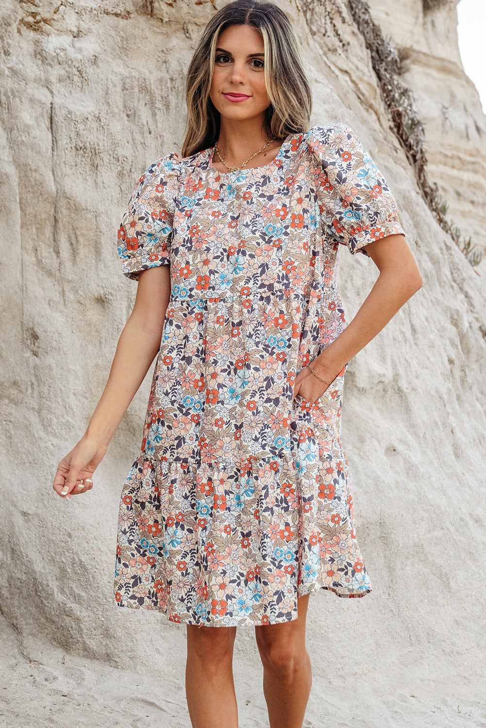 Threaded Pear Aliana Bohemian Floral Mini Dress