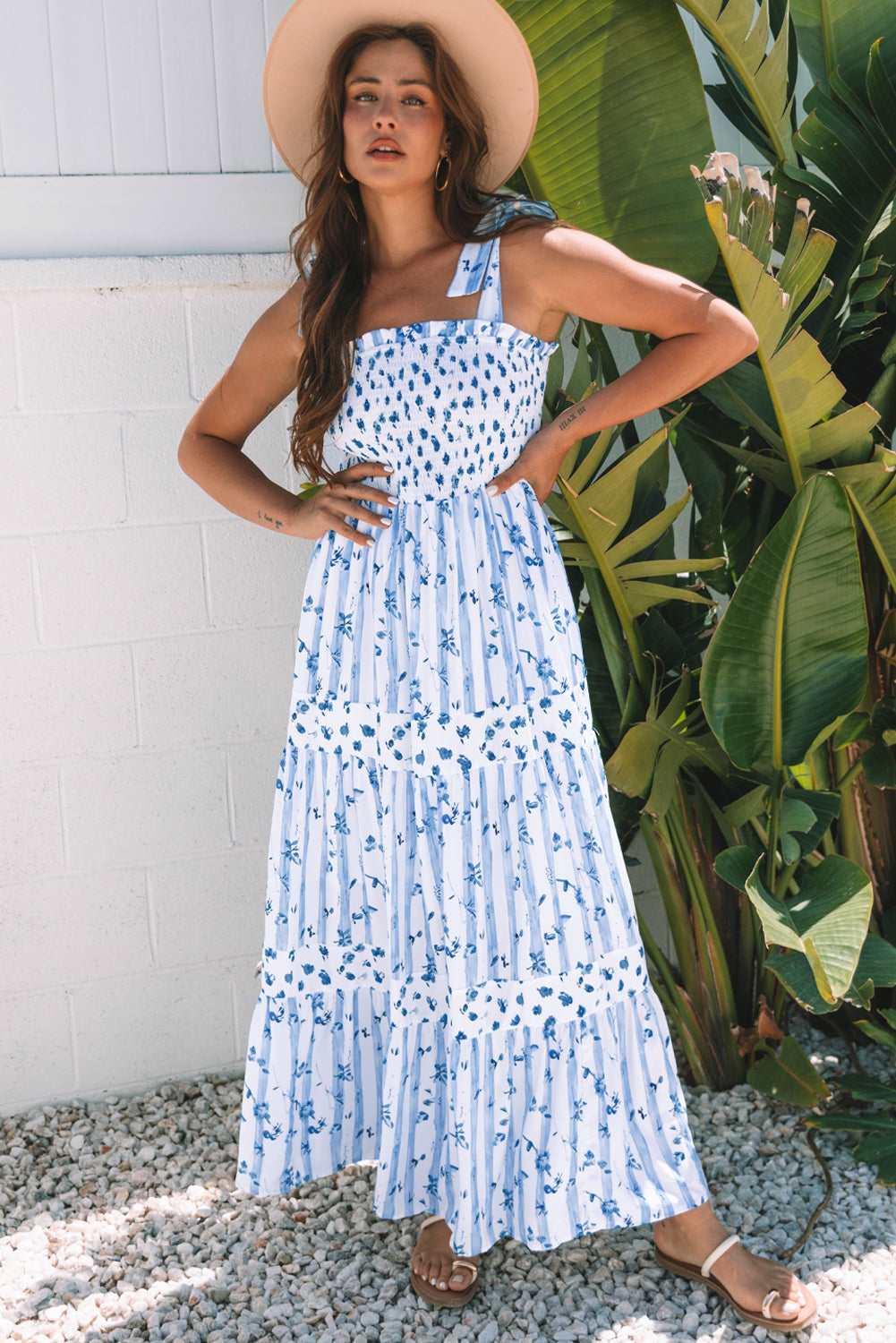 Threaded Pear Lily Floral Smocked Tiered Maxi Dress