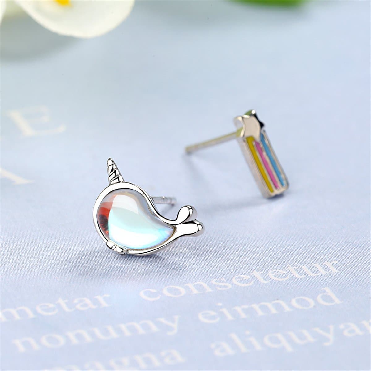 Moonstone & Enamel Silvertone Shooting Star & Whale Stud Earrings