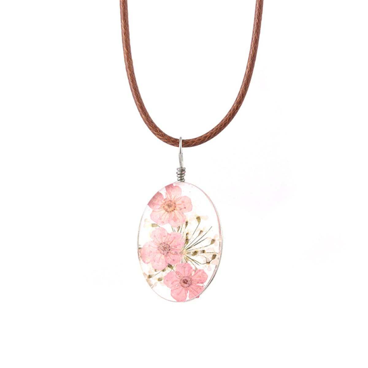 Pink Peach Blossom Oval Pendant Necklace