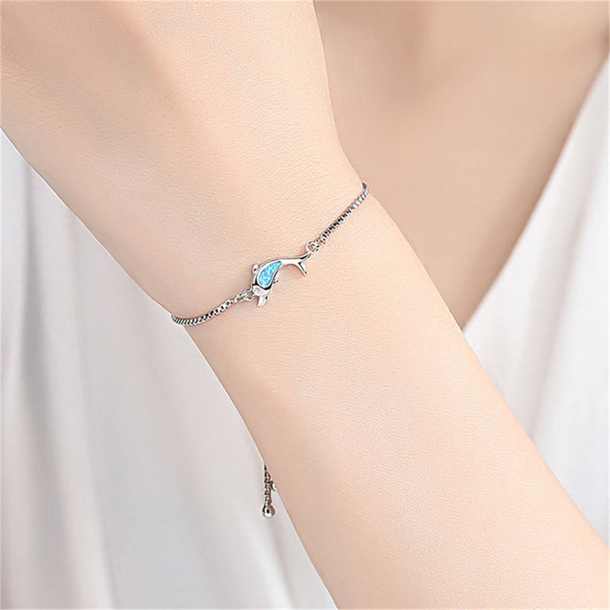 Blue Opal & Silvertone Dolphin Adjustable Bracelet