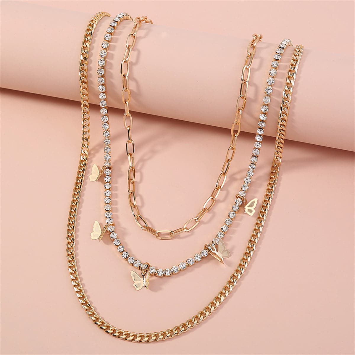 Cubic Zirconia & Goldtone Butterfly Layered Chain Necklace